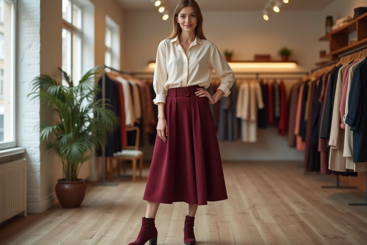 Femme portant une jupe trapèze bordeaux en laine dans une boutique parisienne, illustrant la coupe évasée et son effet flatteur sur la morphologie