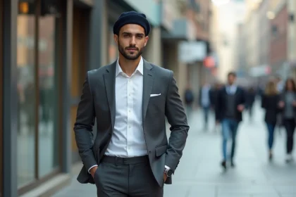 Homme portant un kufi marine discret avec un costume gris en ville, style élégant et moderne