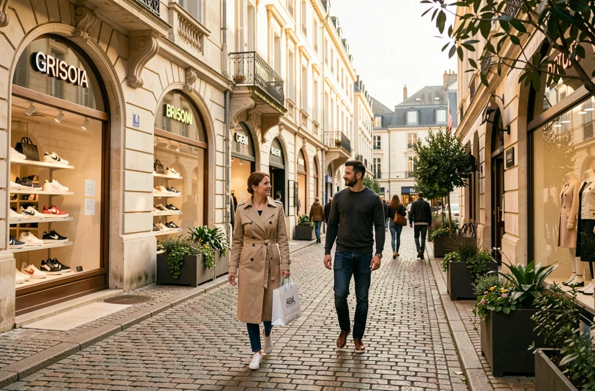 Allée du La Vallée Village à Serris avec ses boutiques de luxe et ses clients portant des baskets premium