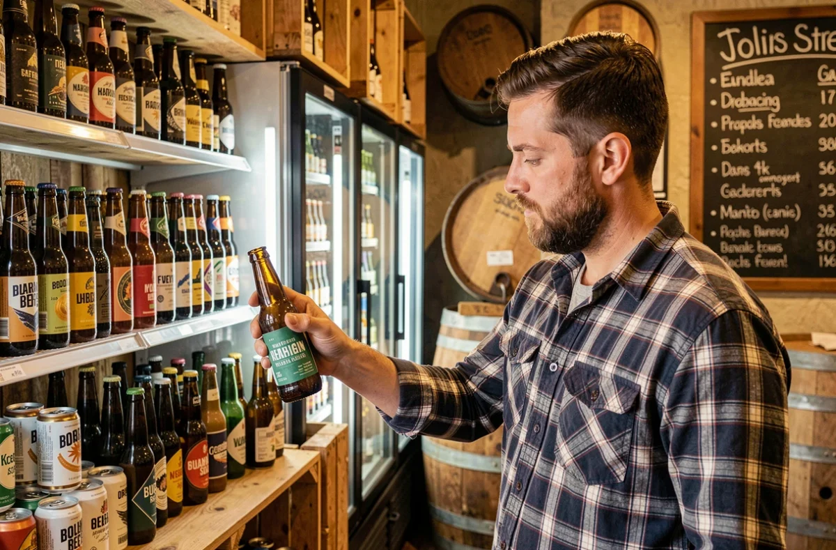 Client choisissant une bière artisanale dans la boutique Le Veilleur de Bières avec des rayons réfrigérés bien garnis