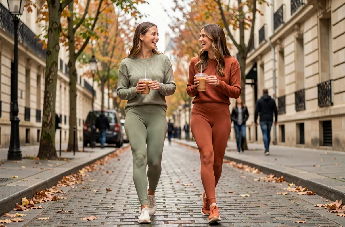 Deux femmes portant des leggings Leonie And Co coordonnés en vert et terracotta marchant dans une rue pavée parisienne en automne