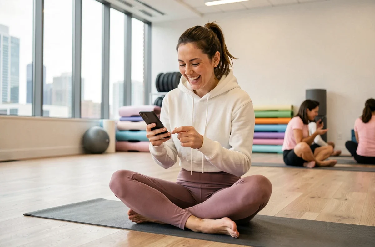 Femme en legging Leonie And Co mauve assise sur un tapis de yoga dans un studio moderne en train de regarder son téléphone