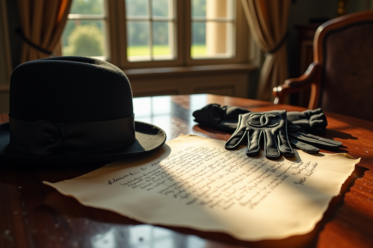 Lettre ancienne avec chapeau et gants Chanel sur un bureau près du Château de Chaumont