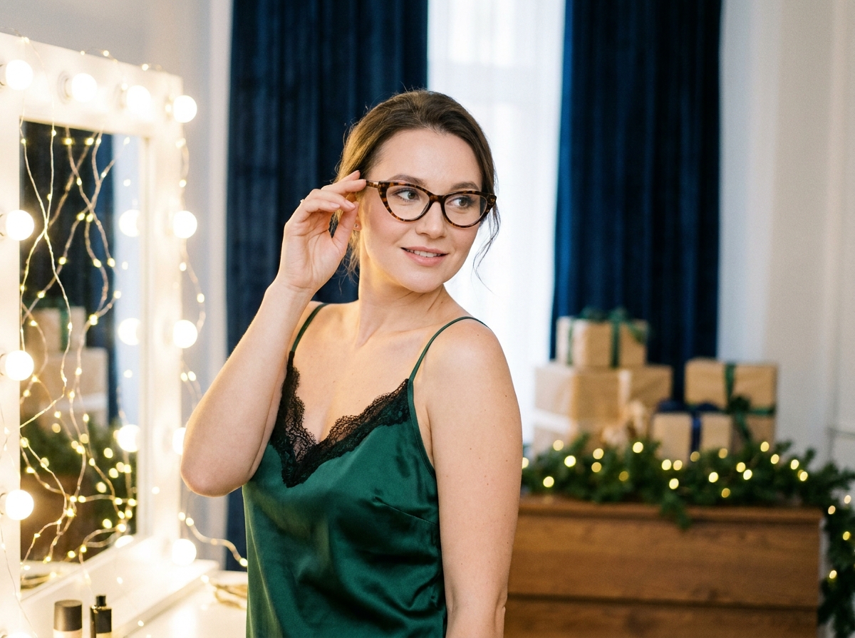 Femme élégante portant des lunettes écaille de tortue et une nuisette en satin vert émeraude avec dentelle pour les fêtes