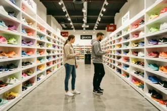 Allée d'un magasin de baskets moderne en Seine-et-Marne avec des rayons remplis de chaussures colorées