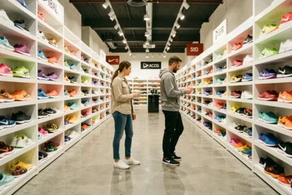 Allée d'un magasin de baskets moderne en Seine-et-Marne avec des rayons remplis de chaussures colorées