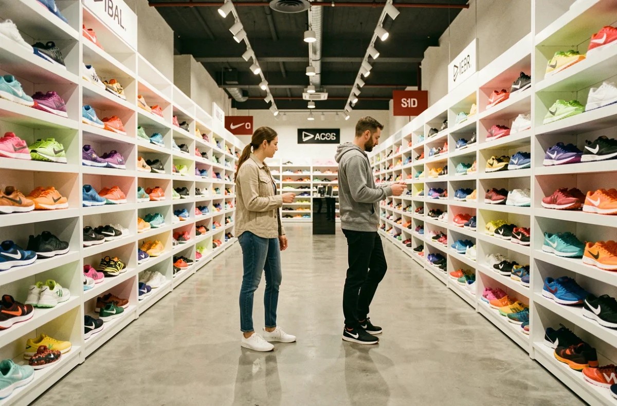 Allée d'un magasin de baskets moderne en Seine-et-Marne avec des rayons remplis de chaussures colorées