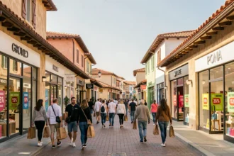 Vue panoramique d'un village outlet en Haute-Garonne avec des boutiques de marques et des clients faisant leurs achats