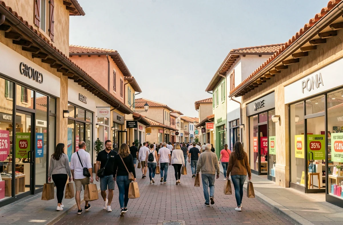 Vue panoramique d'un village outlet en Haute-Garonne avec des boutiques de marques et des clients faisant leurs achats
