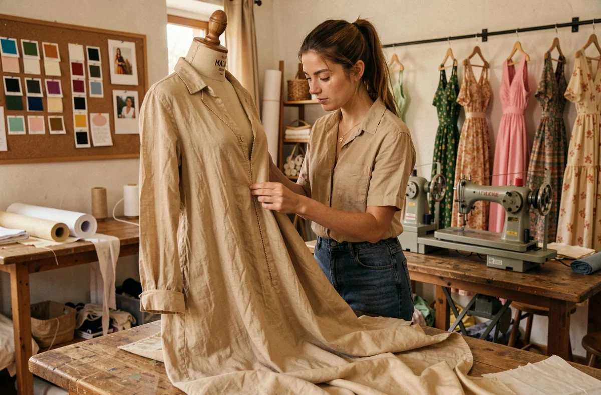 Étudiante examinant une création artisanale sur un mannequin à la Maison Méditerranéenne des Métiers de la Mode à Marseille