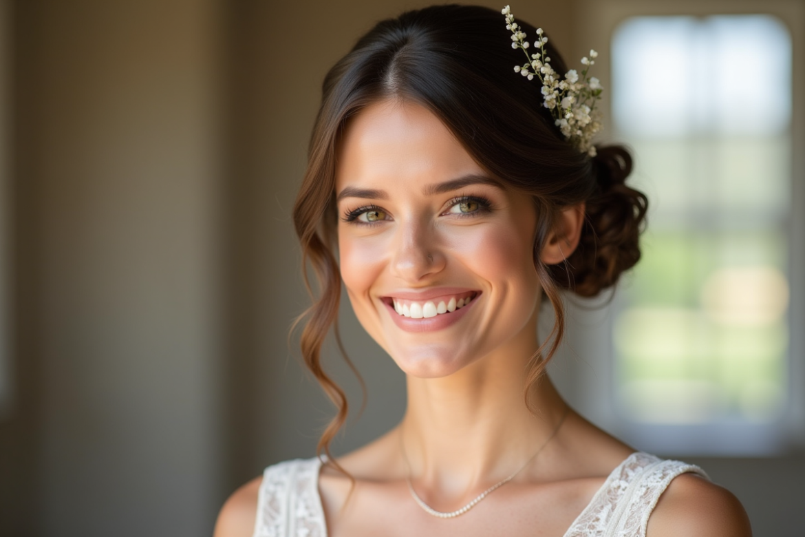 Mariée souriante avec coiffure élégante et accessoire floral