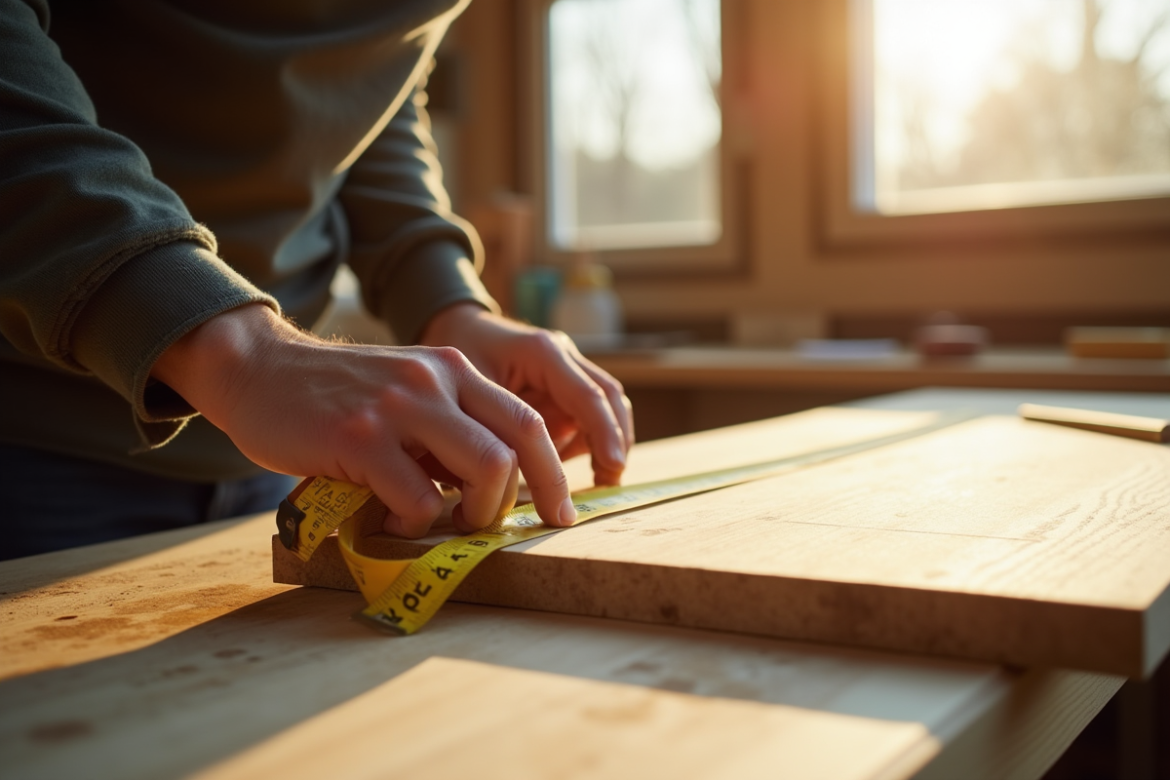 Personne mesurant une planche en bois avec un ruban jaune