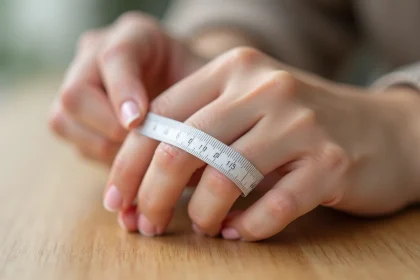Mesure du tour de doigt avec un guide de taille en papier posé sur une main de femme reposant sur une table en bois clair