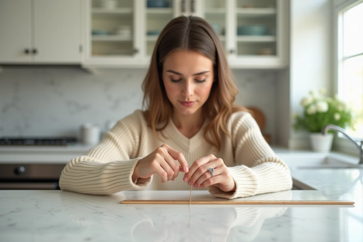 Jeune femme mesurant son tour de doigt avec un fil et une règle en papier posés sur un plan de travail en marbre blanc