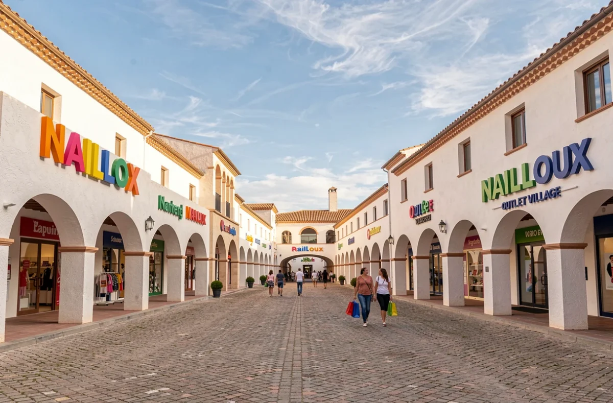 Entrée du Nailloux Outlet Village avec ses boutiques de marques et son architecture de village provençal