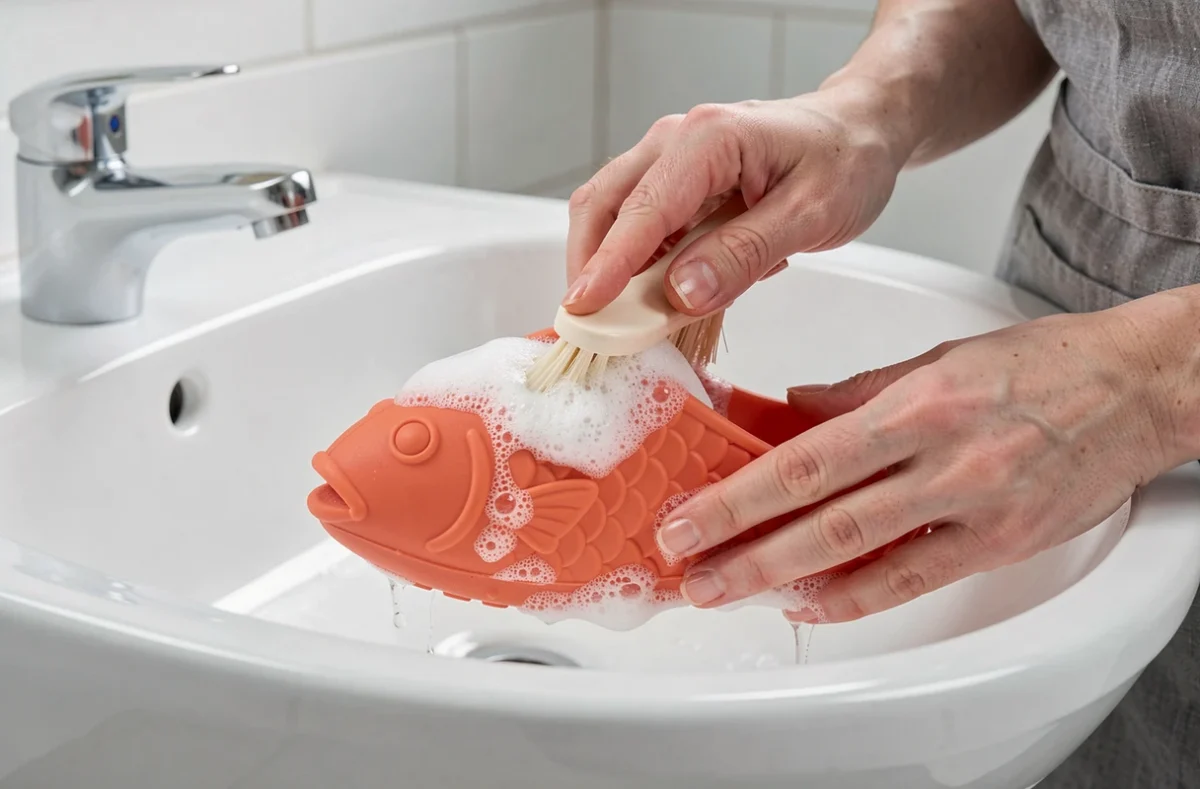 Nettoyage d'une claquette poisson en caoutchouc avec une brosse et du savon au-dessus d'un évier en céramique blanche