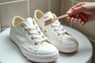 Converse blanches posées sur un lavabo en train d'être nettoyées avec du bicarbonate de soude et une brosse à dents