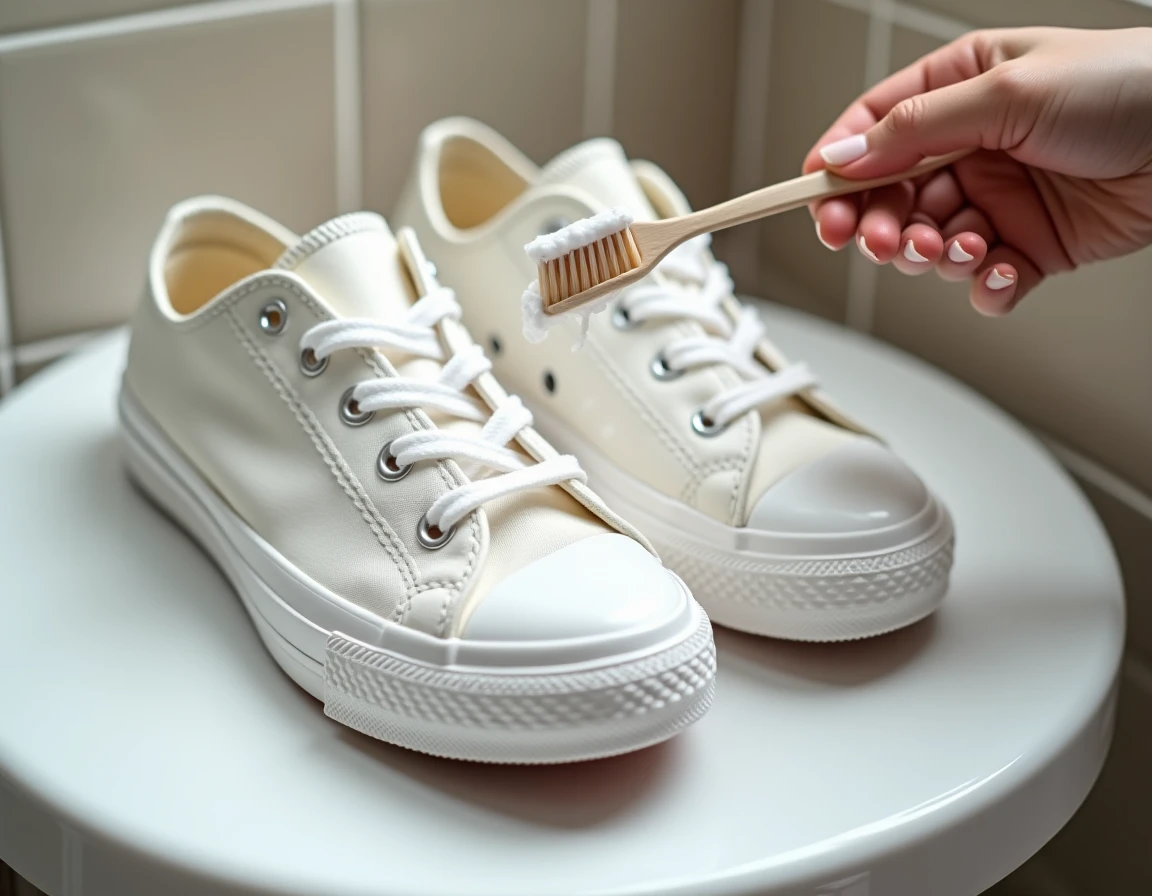 Converse blanches posées sur un lavabo en train d'être nettoyées avec du bicarbonate de soude et une brosse à dents