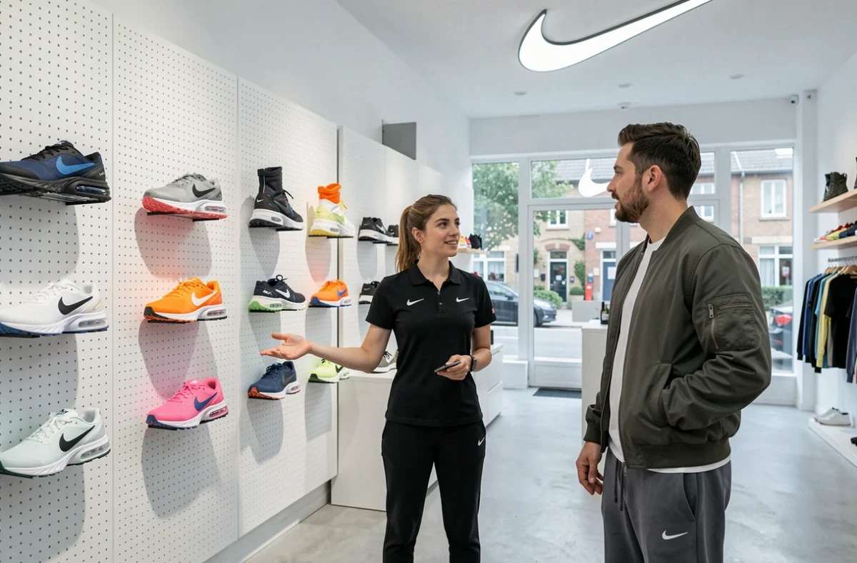 Intérieur épuré du Nike Unite de Claye-Souilly avec des baskets Nike exposées sur des panneaux muraux blancs