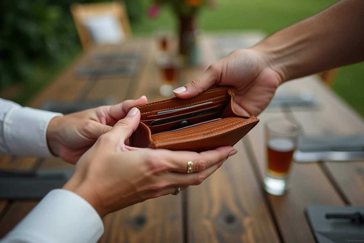 Geste d'une fille offrant un portefeuille en cuir cognac personnalisé à son père lors d'une fête en jardin pour la fête des pères