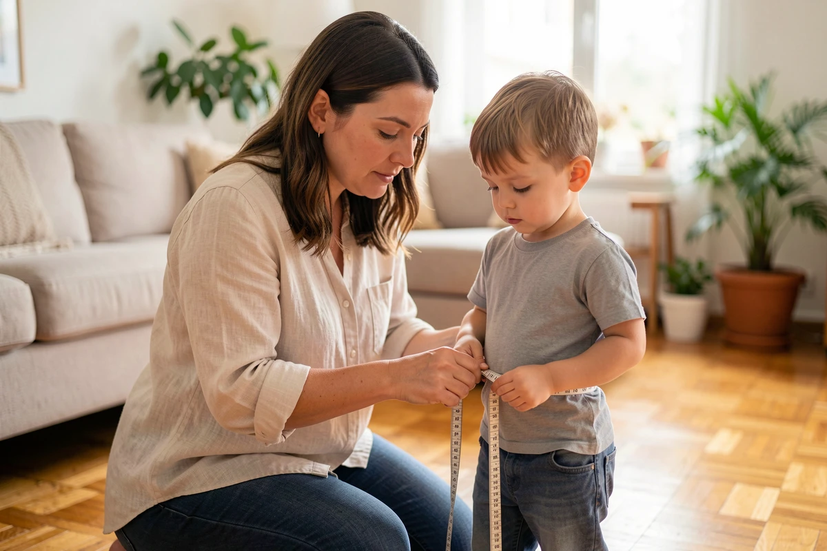 Maman mesurant son enfant à la maison pour choisir la bonne taille de vêtement 116