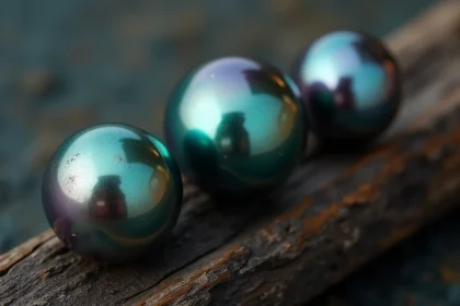 Trois perles de culture de Tahiti aux reflets paon, aubergine et vert posées sur du bois flotté, illustrant la diversité des overtones et le lustre naturel du nacre