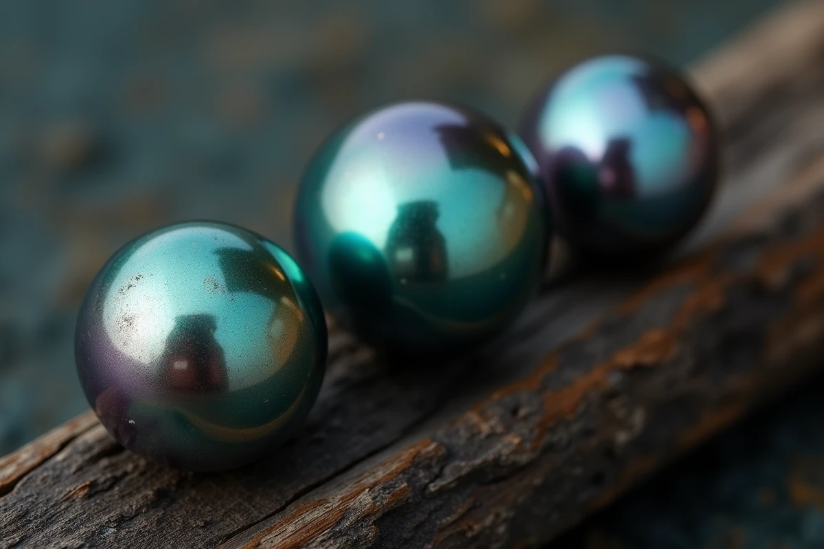 Trois perles de culture de Tahiti aux reflets paon, aubergine et vert posées sur du bois flotté, illustrant la diversité des overtones et le lustre naturel du nacre