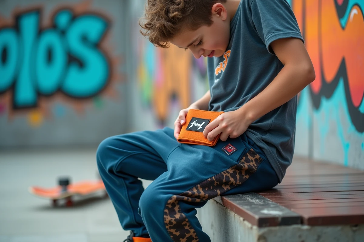 Adolescent sortant un porte-monnaie personnalisé avec patch éclair dans un skatepark urbain