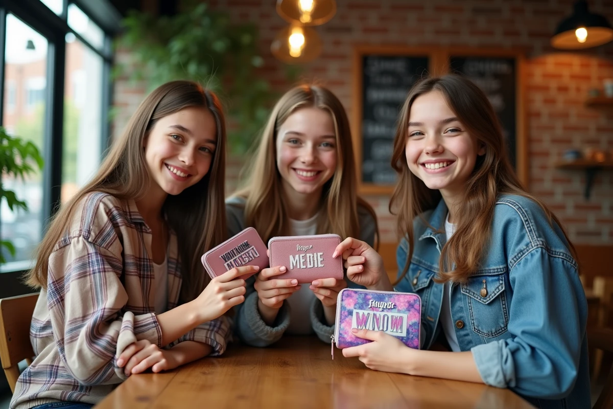 Trois adolescentes comparant leurs porte-monnaies personnalisés colorés dans un café tendance