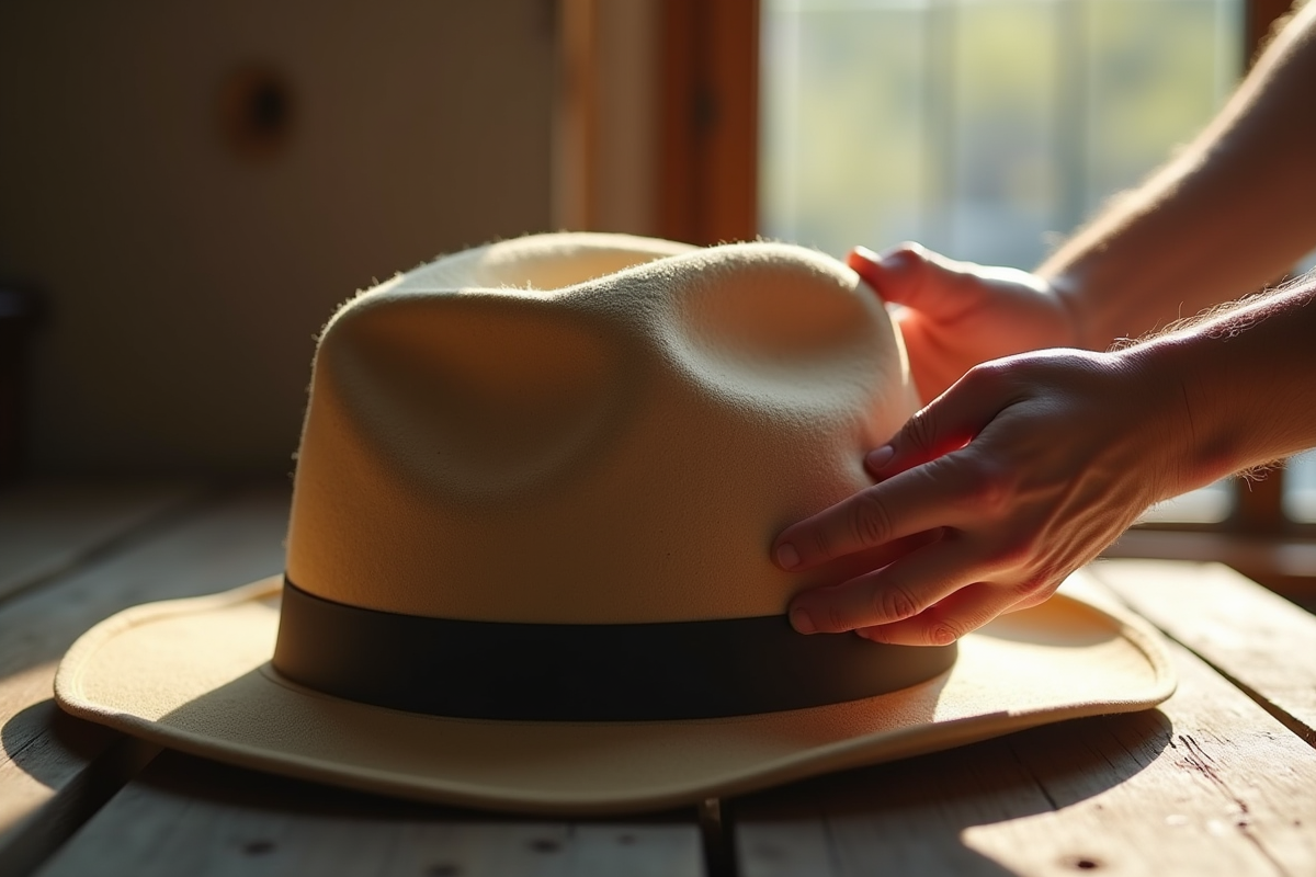 Mains insérant des coussins dans un fedora sur une table en bois