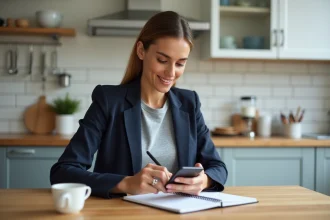Femme préparant sa liste de courses pour les soldes 2026 sur smartphone et carnet, dans une cuisine moderne française