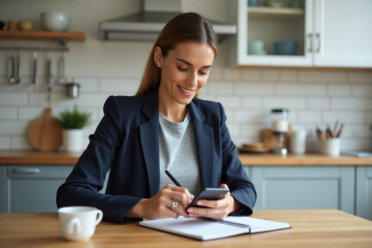 Femme préparant sa liste de courses pour les soldes 2026 sur smartphone et carnet, dans une cuisine moderne française