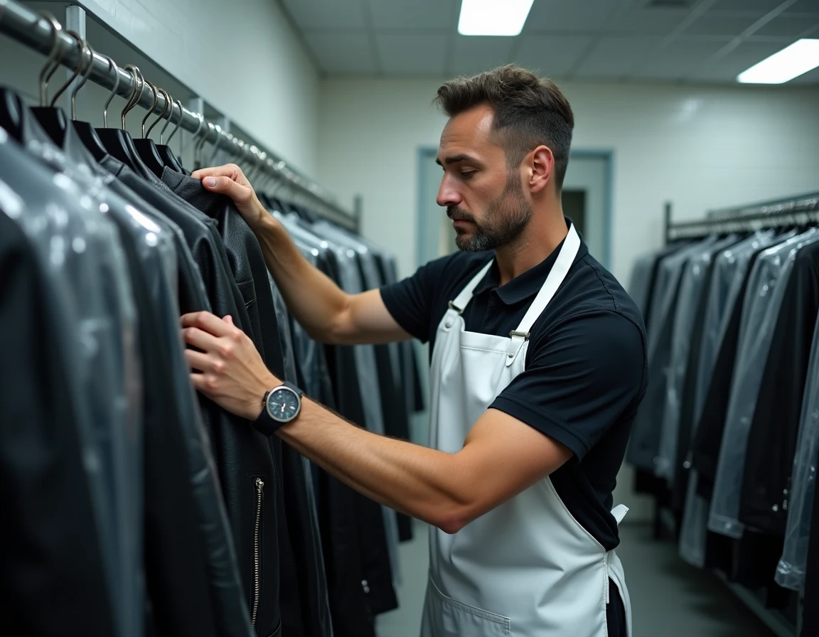 Professionnel de pressing inspectant un blouson en cuir noir sur un portant métallique dans une laverie professionnelle