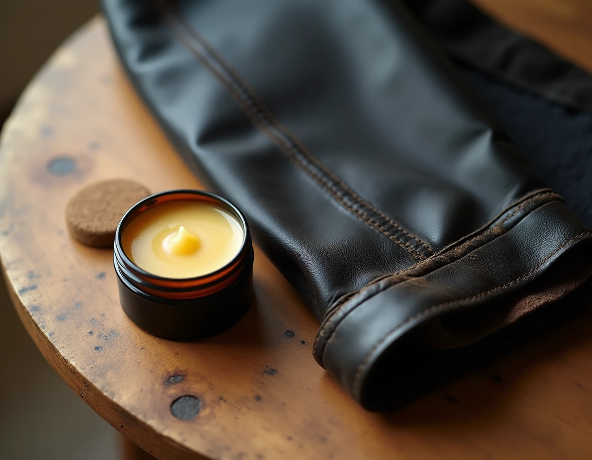 Gros plan sur un baume de soin naturel pour cuir, un chiffon microfibre et une manche de blouson en cuir noir sur une surface en bois