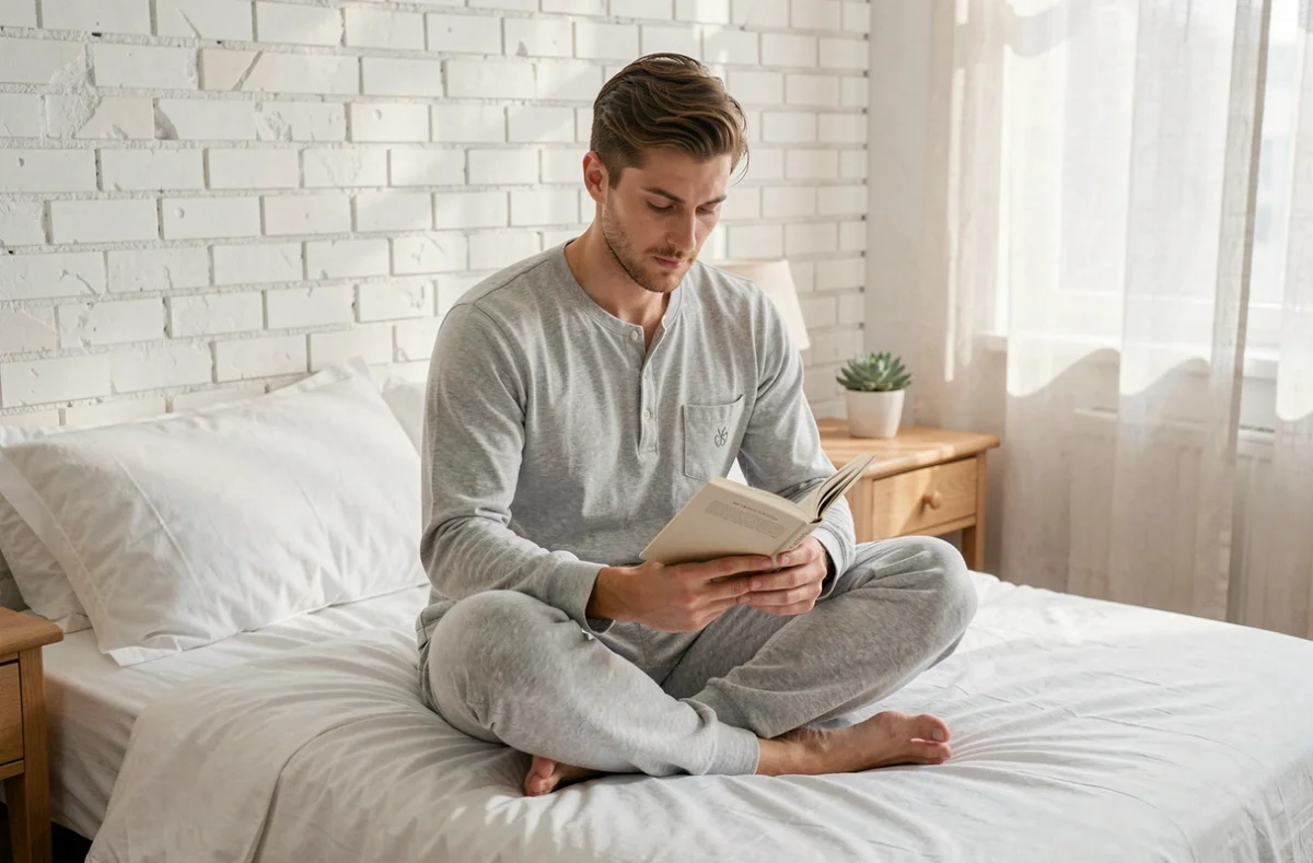 Homme assis sur un lit en grenouillère grise en coton bio biologique, lisant un livre dans une chambre moderne