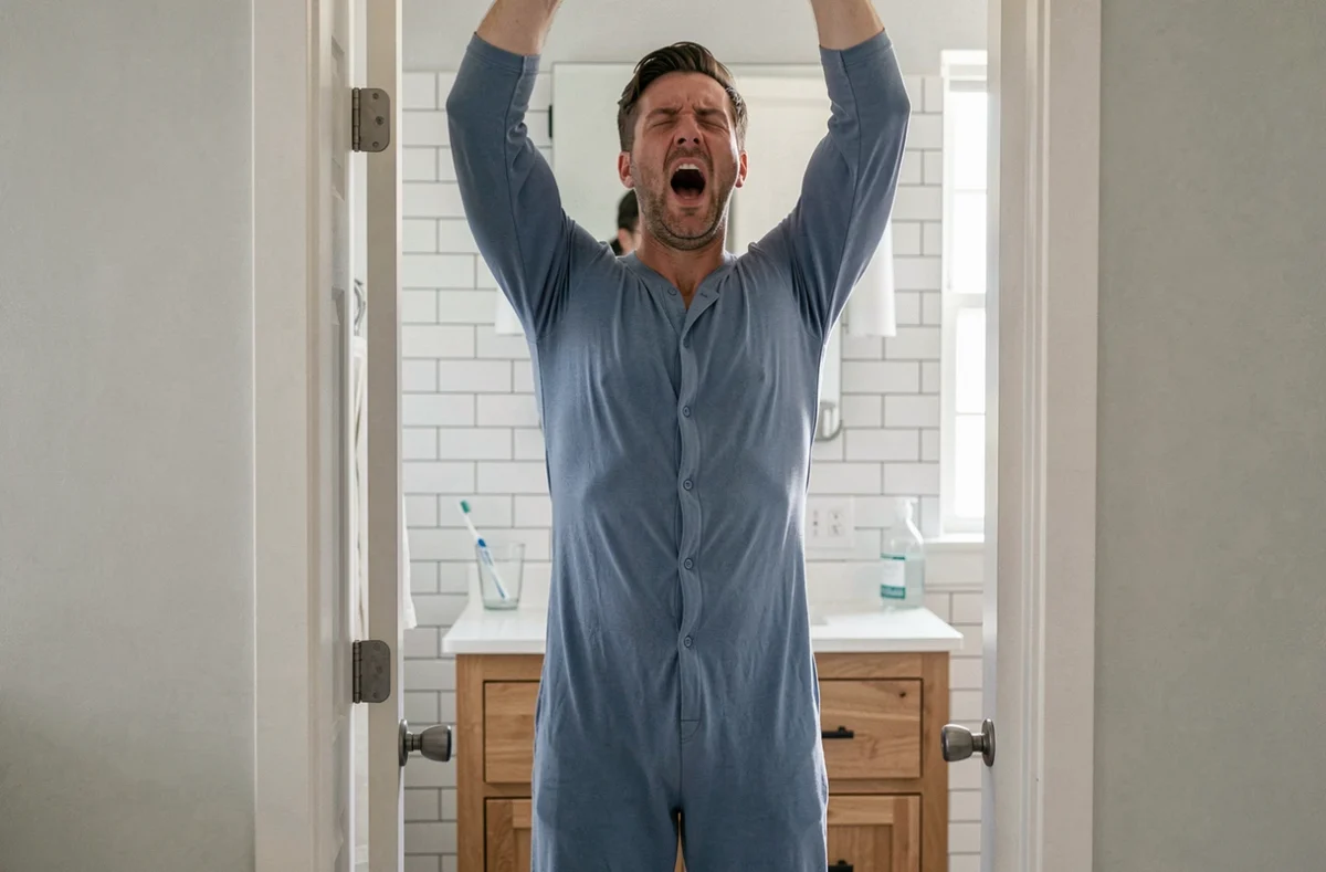 Homme s'étirant en pyjama grenouillère bleu en coton bio hypoallergénique devant une salle de bain moderne