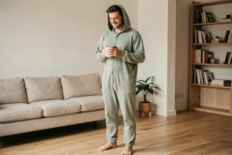 Homme en pyjama grenouillère vert sauge en coton bio tenant un mug dans un salon scandinave minimaliste