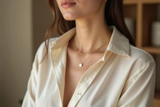 Femme portant un ras de cou en or sur un décolleté avec chemisier en lin ivoire, style minimaliste