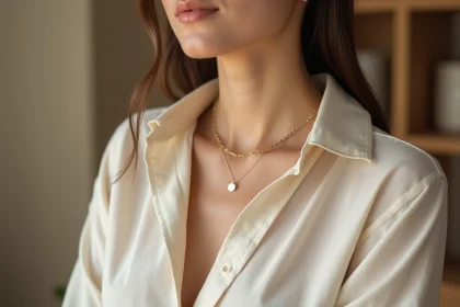 Femme portant un ras de cou en or sur un décolleté avec chemisier en lin ivoire, style minimaliste