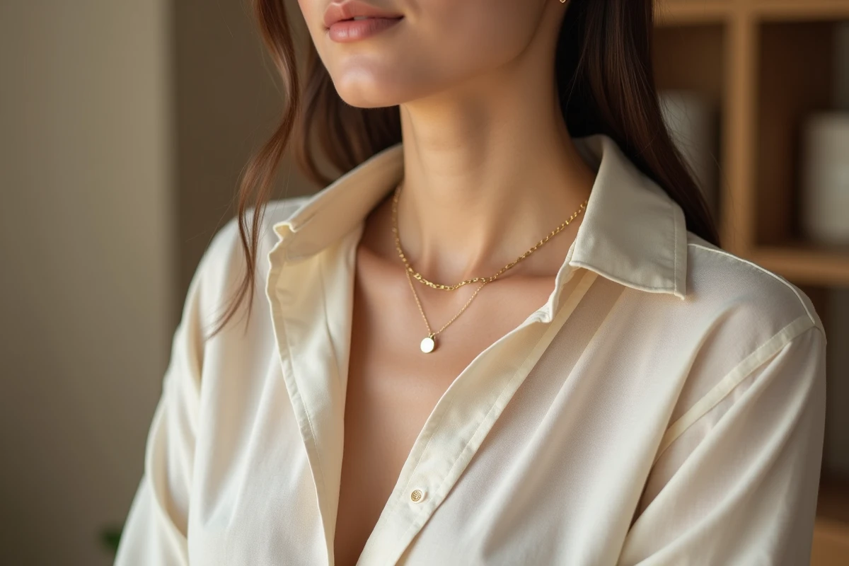 Femme portant un ras de cou en or sur un décolleté avec chemisier en lin ivoire, style minimaliste