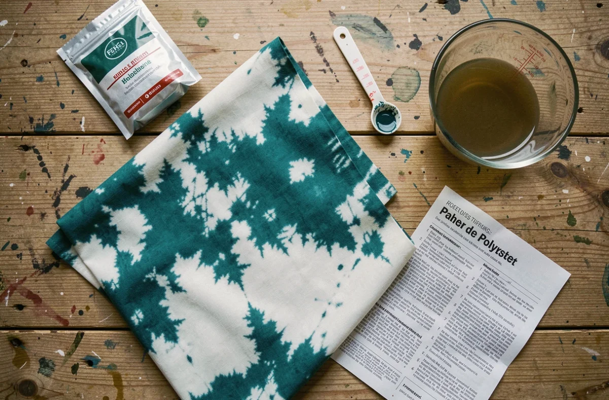 Tissu polyester avec résultat de teinture inégal et tacheté sur une table en bois, matériaux de teinture maison
