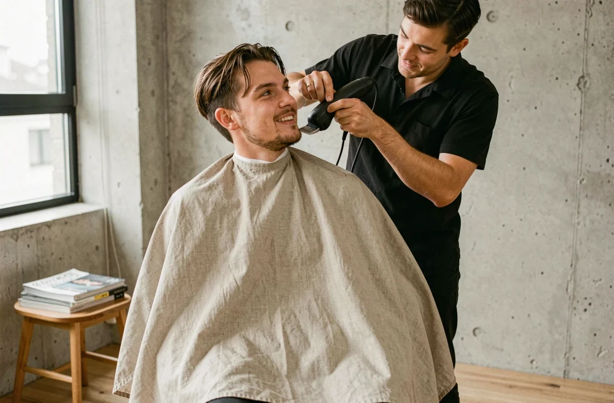 Deux jeunes hommes dans un appartement minimaliste, l'un retouchant la nuque de l'autre avec une tondeuse pour entretenir une coupe casquette