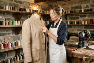 Retoucheuse professionnelle dans un atelier de retoucherie normand, inspectant un manteau en laine beige sur un mannequin en bois