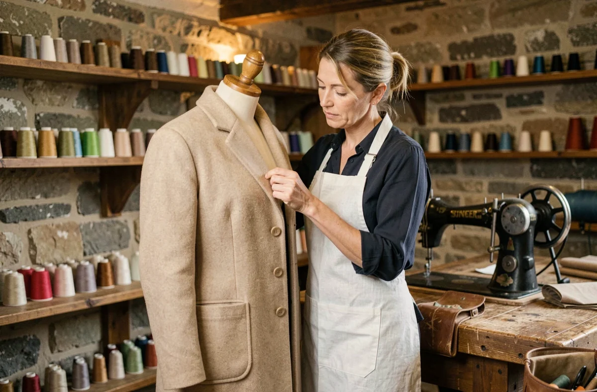 Retoucheuse professionnelle dans un atelier de retoucherie normand, inspectant un manteau en laine beige sur un mannequin en bois