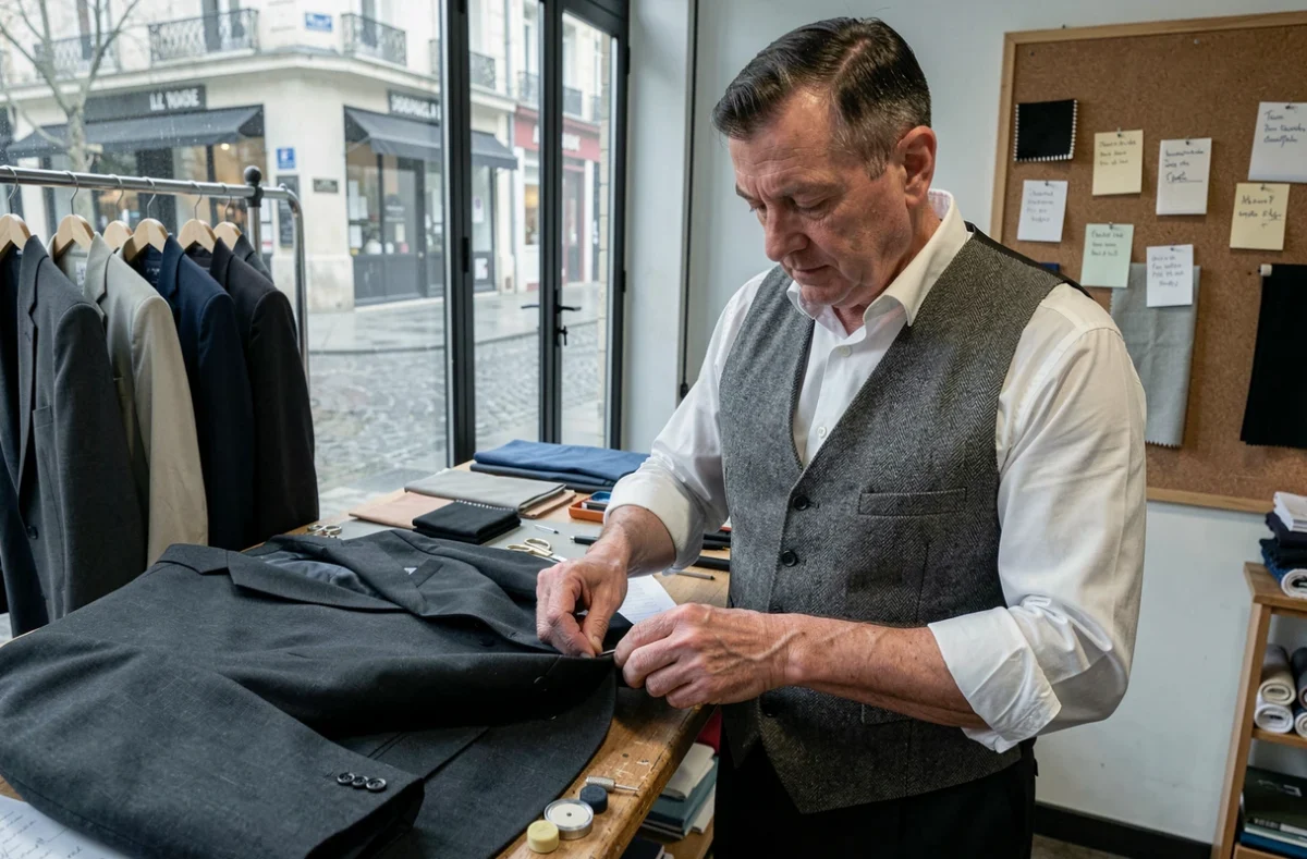 Tailleur expérimenté cousant à la main une veste de costume dans une petite retoucherie du centre-ville de Rouen