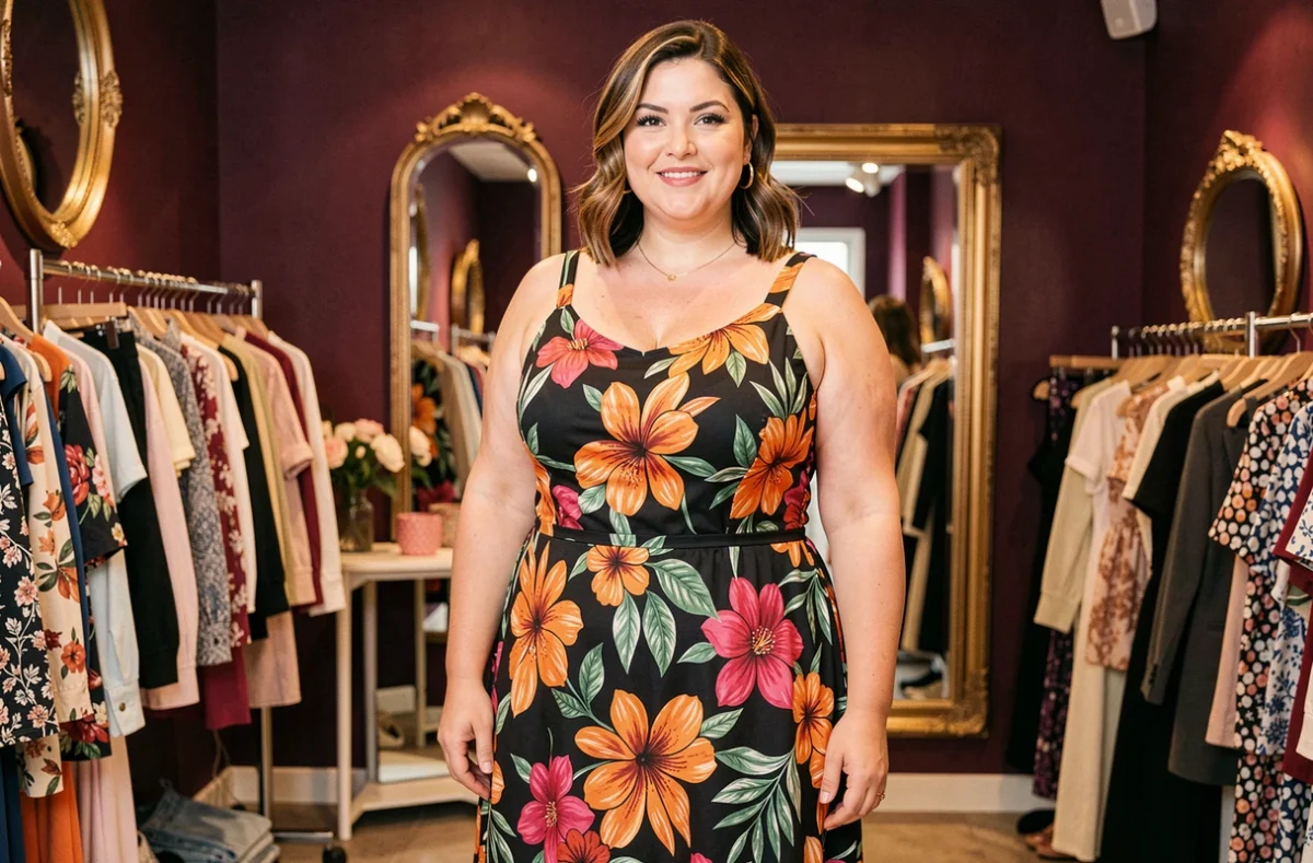 Femme grande taille épanouie posant avec assurance dans la boutique Rizadà à Montbrison, intérieur élégant aux tons chauds