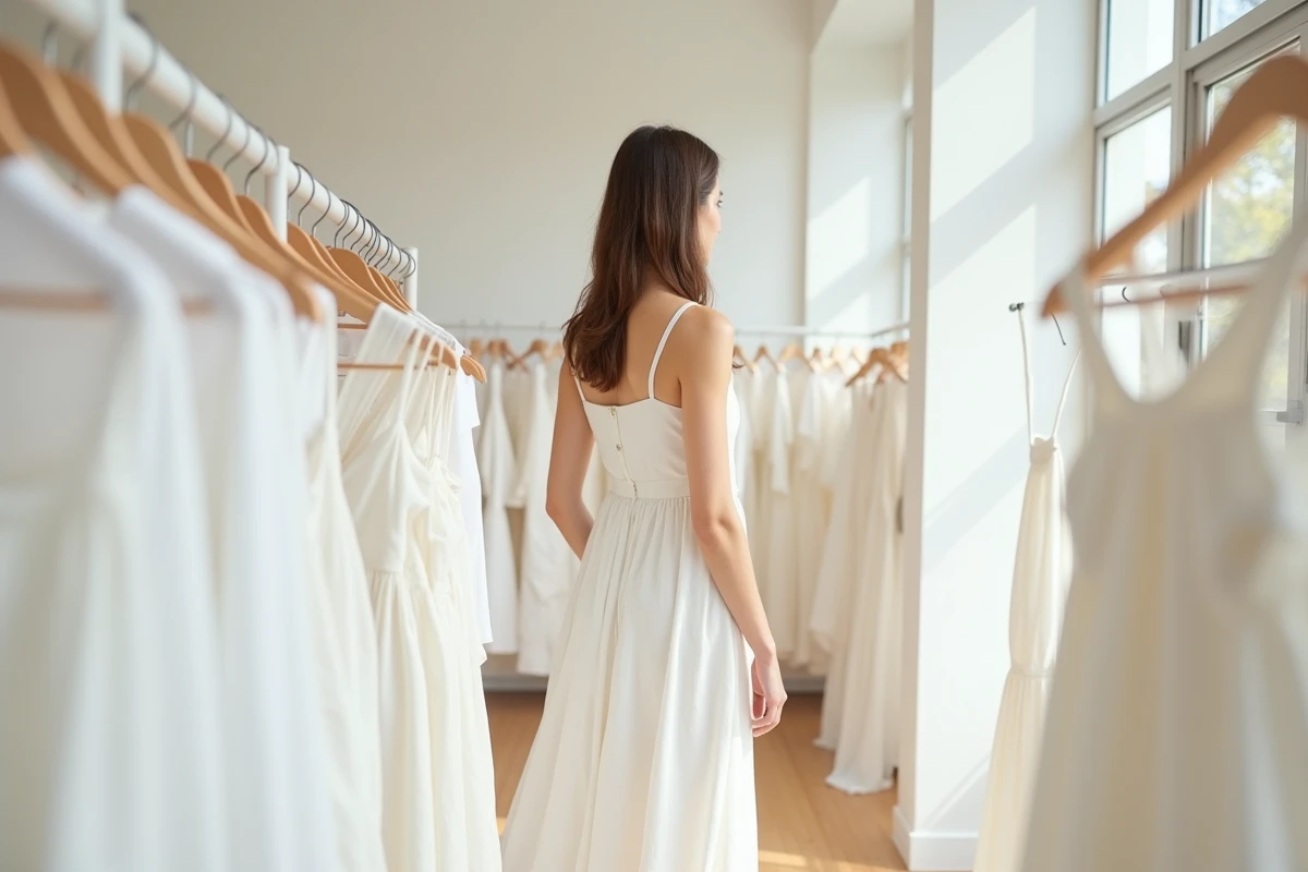 Femme essayant une robe blanche longue pas chère dans une boutique de mode minimaliste