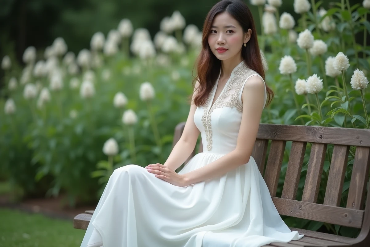 Femme élégante en longue robe blanche assise dans un jardin fleuri pour un look chic et abordable