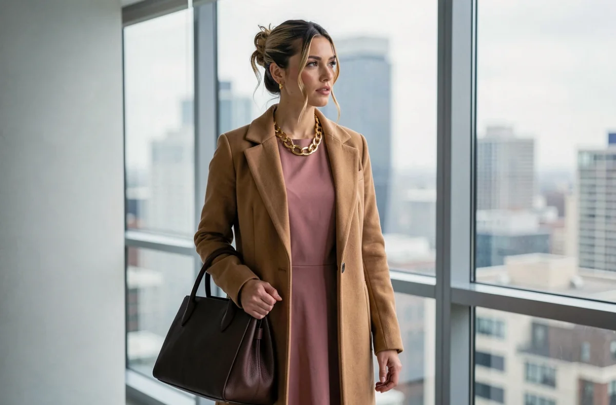 Femme portant une robe évasée rose midi sous un manteau camel, avec collier doré et sac en cuir, dans un appartement moderne avec vue urbaine