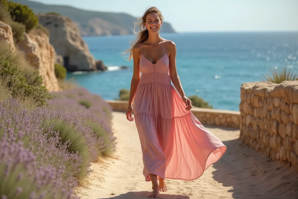 Femme en robe longue SINEQUANONE rose poudré marchant sur un chemin côtier méditerranéen